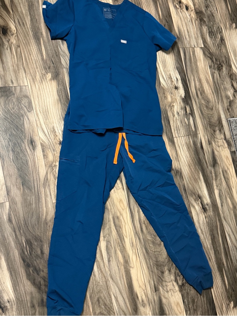 FIGS women blue scrub set with Orange Drawstring